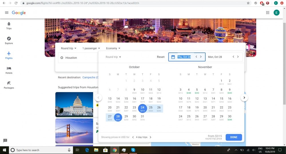 Screenshot of Google Flights in calendar mode.