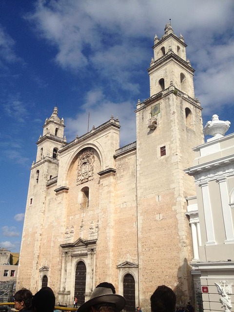 White cathedral with two towers in Merida, Yucatan.
