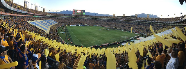 Fans cheering their soccer team at the Tigres stadium.