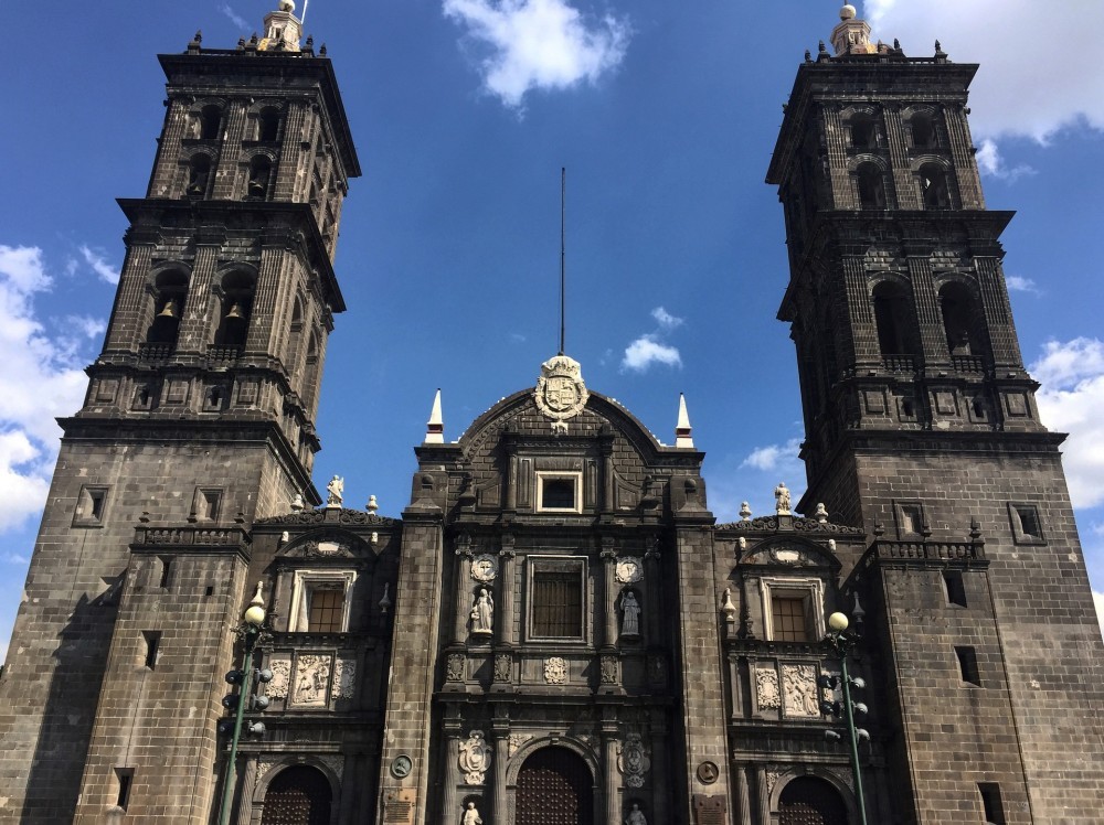 Front view of Puebla City Cathedral