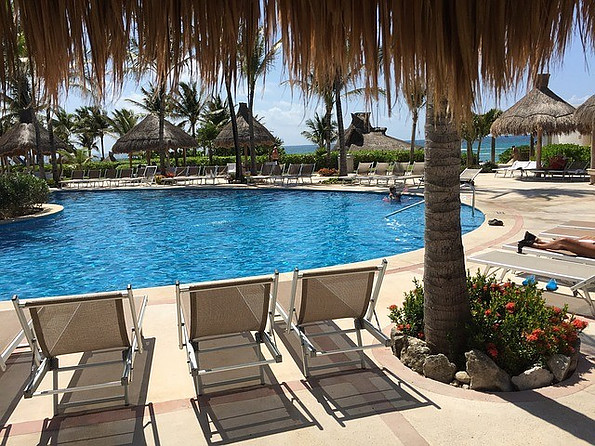 Swimming pool with chairs and palm roofs on the side.