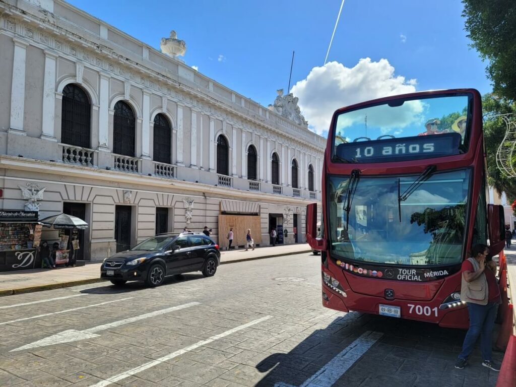 A red tour bus.