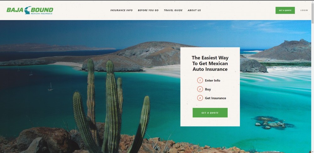 Screenshot of Baja Bound Insurance home page.