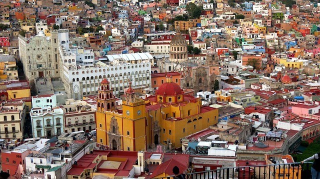 View of Guanajuato City with the yellow cathedral outstanding in the middle.