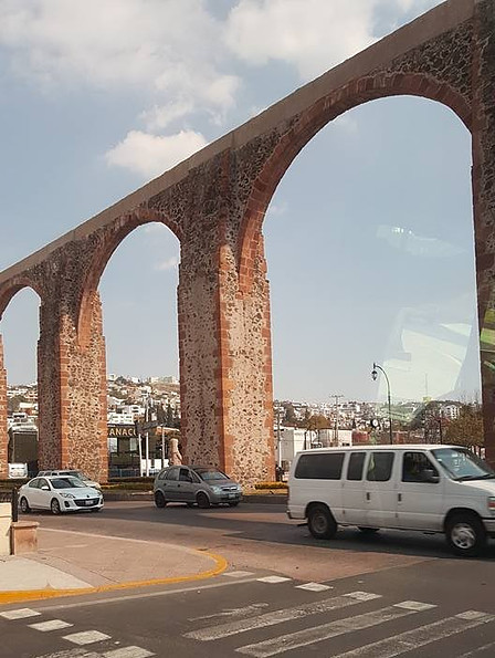 Close-up of the pink stone aqueduct in Queretaro City.