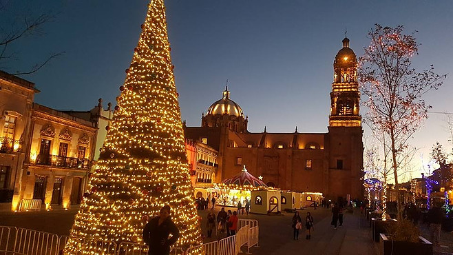 Illuminated buildings in Zacatecas City.