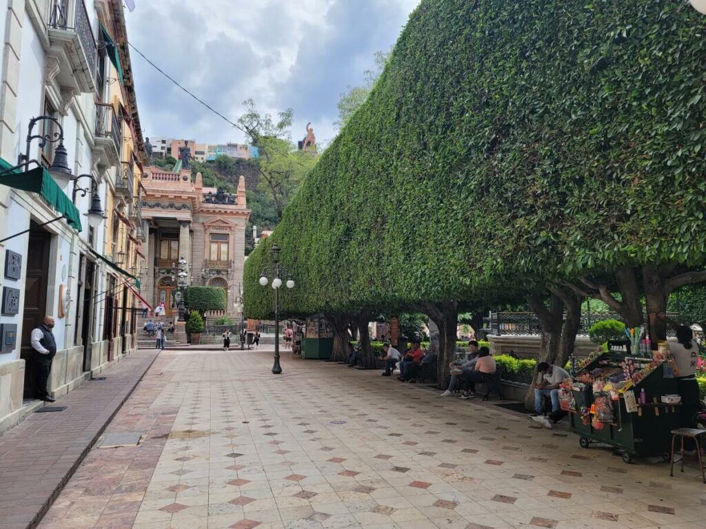 A public plaza lined with trees.