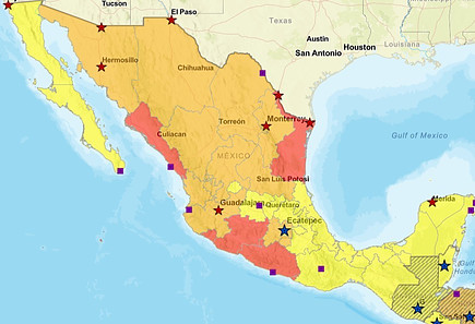 Mexico map in different colors ranging from yellow to orange to red.