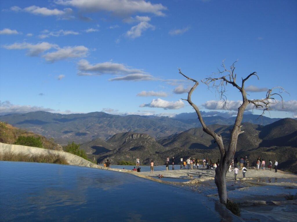 Natural pools with a barren tree to the right and some tourists in the background.