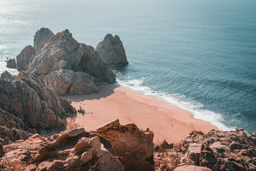 Mexican desert with rocks on the edge of the sea.