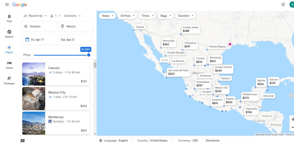 Google Flights home page