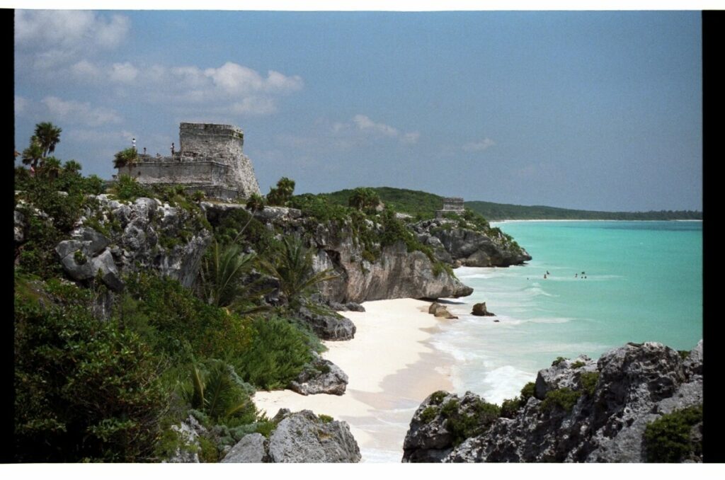 Side view of Tulum next to the Caribbean Sea.