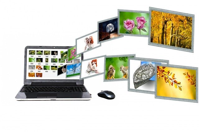 Laptop displaying several images of people, flowers, and animals.