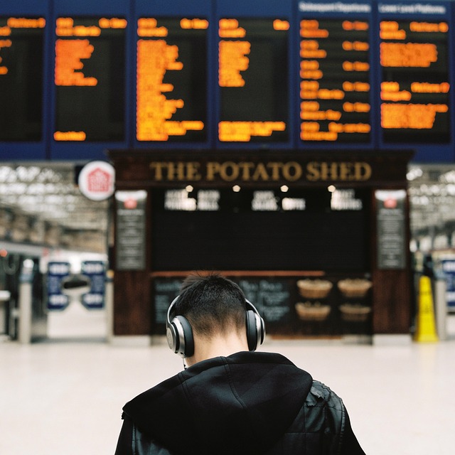 Young man seen from the back facing a screen at the airport.