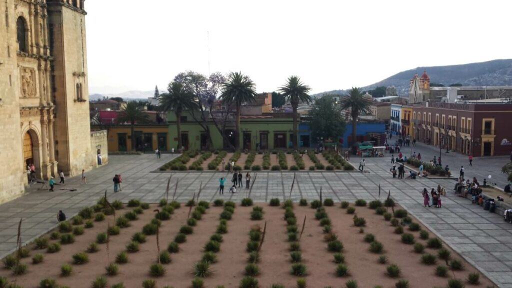 Oaxaca historic center with its main church and other colorful buildings.