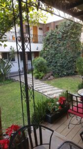 View of the garden at a hotel.