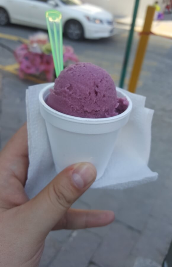 A hand holding a cup of red wine sorbet.
