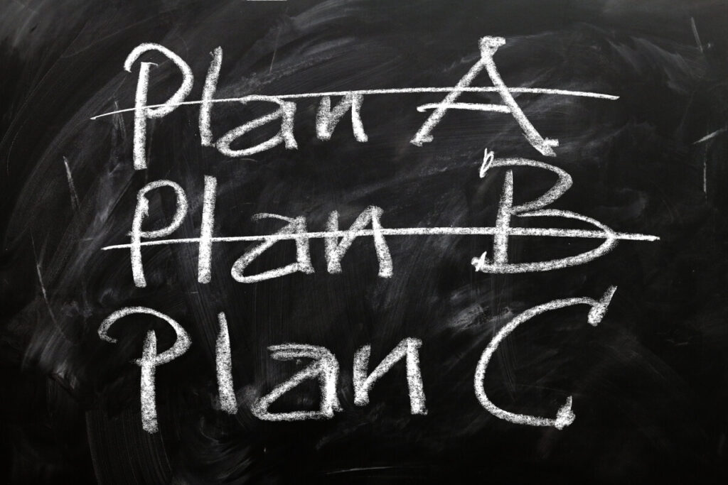 A blackboard with the words Plan A, Plan B, and Plan C written on it.