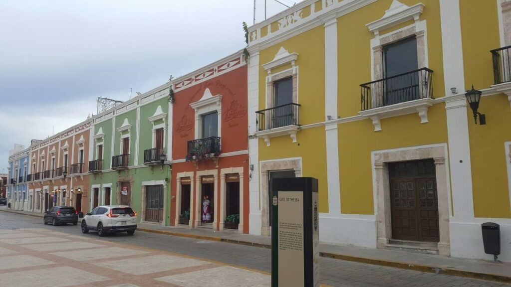 Several colorful buildings.