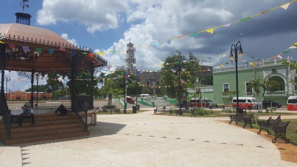 Main plaza and kiosk in Calkini.