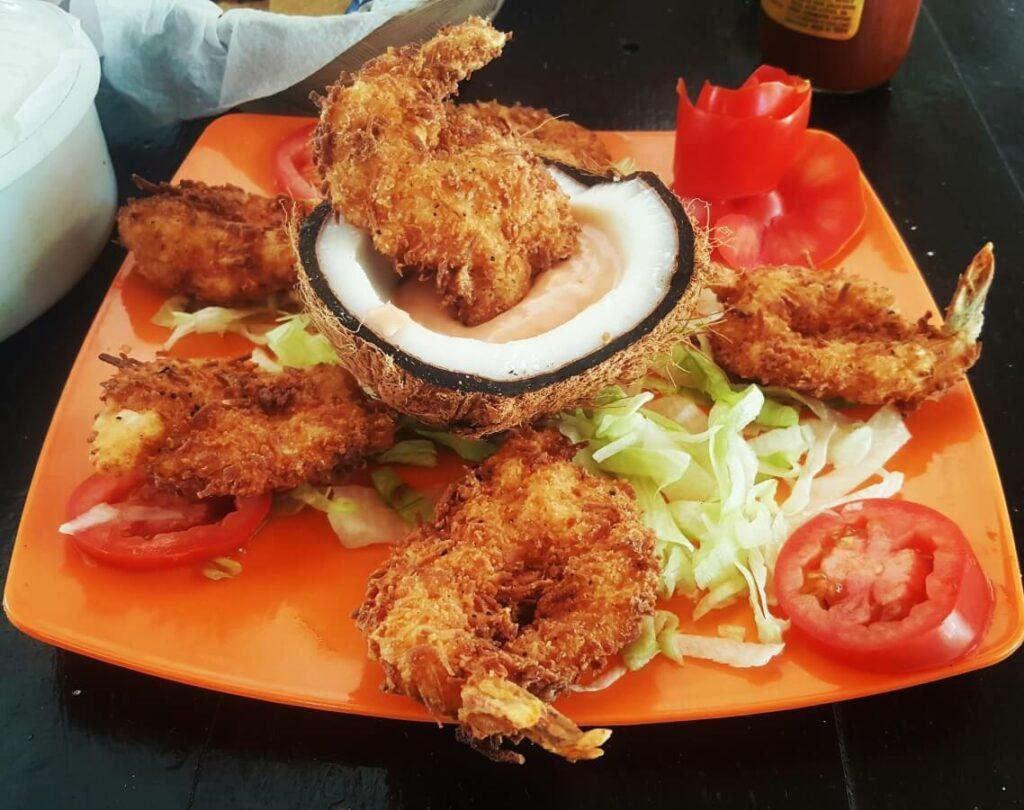 Breaded shrimp with coconut.