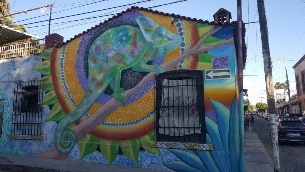 Colorful mural depicting a chameleon.