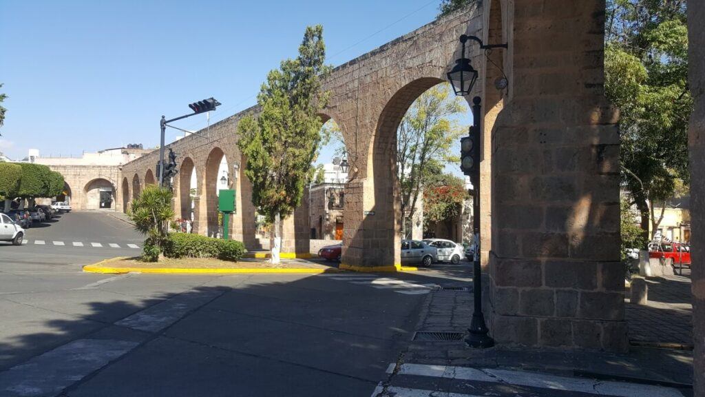 A pink stone aqueduct.