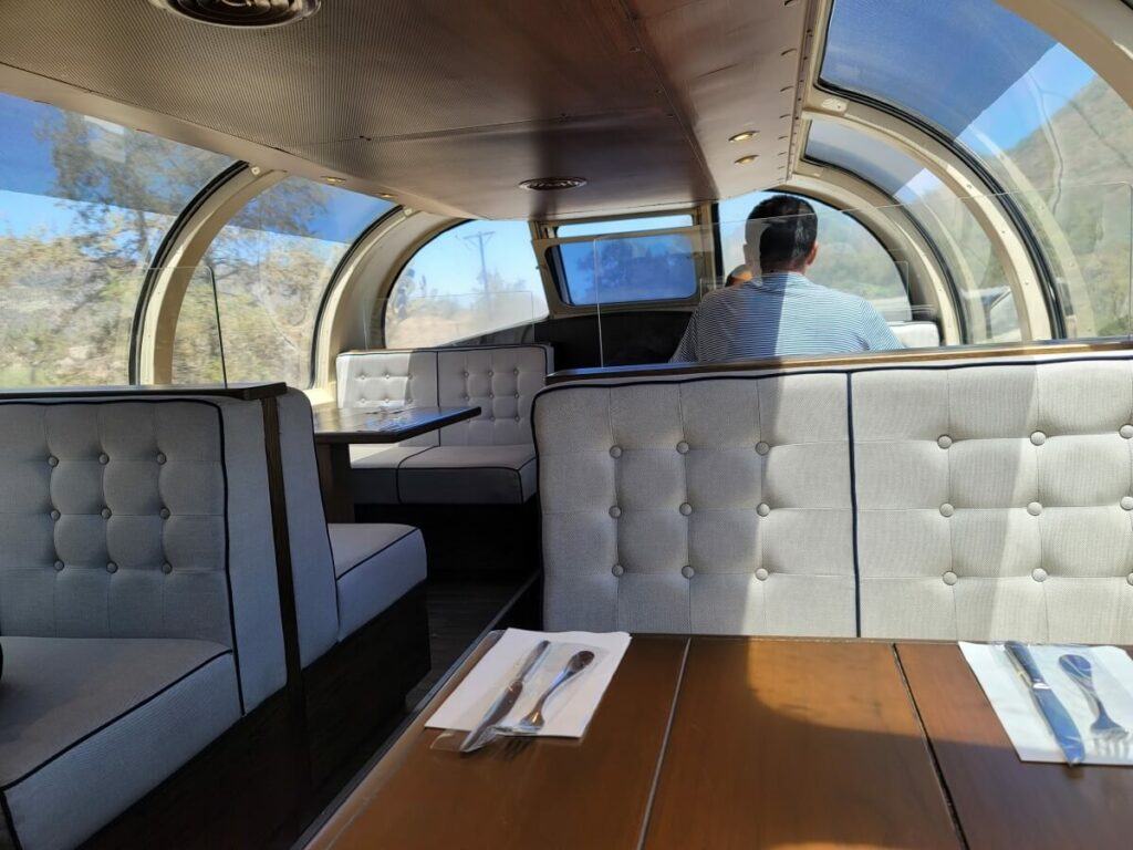 Dining room inside a train.