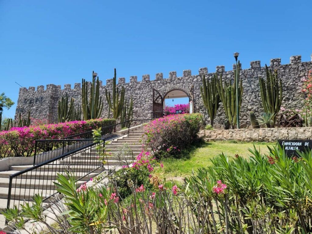 An ex-fortress with cacti and flowers.