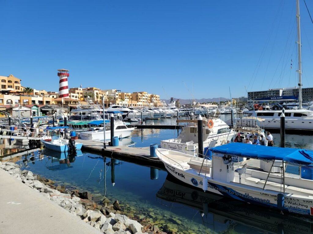 Several boats docked in Los Cabos.